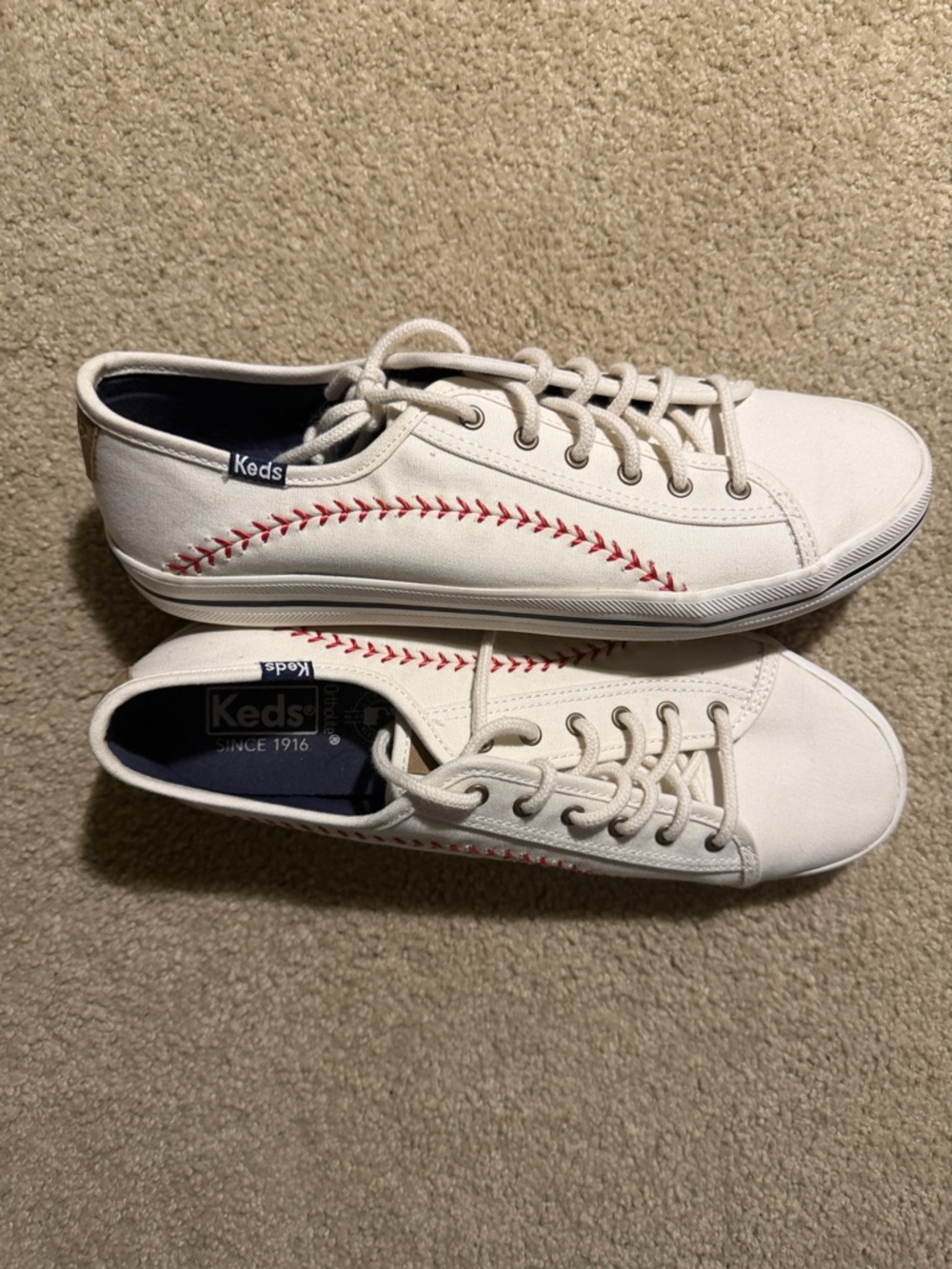 Keds White Canvas Baseball Sneakers with Red Stitching and Navy Insoles